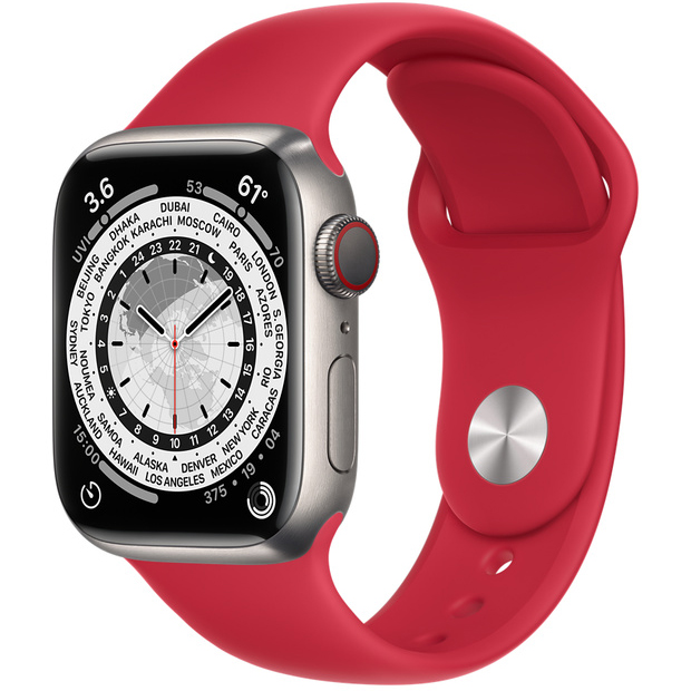 Ceas Smartwatch Apple Watch Series 7, GPS + Cellular, 45mm Titanium Case, Red Sport Band