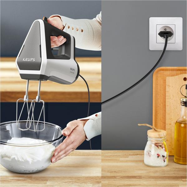 Mixer de mana Krups GN 6021 3 Mix 6000, 600 W, 5 viteze, Turbo, Carlige aluat, Teluri otel (Alb)