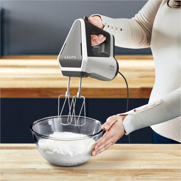 Mixer de mana Krups GN 6021 3 Mix 6000, 600 W, 5 viteze, Turbo, Carlige aluat, Teluri otel (Alb)