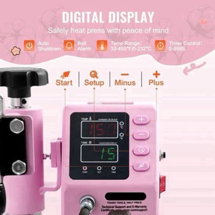 Presa termica Corenia QRE-2011128 12x10 inch (30x25 cm), brat rotativ 360° swing-away, afisaj digital LCD, reglaj temperatura 32–232°C, 700/900W, roz