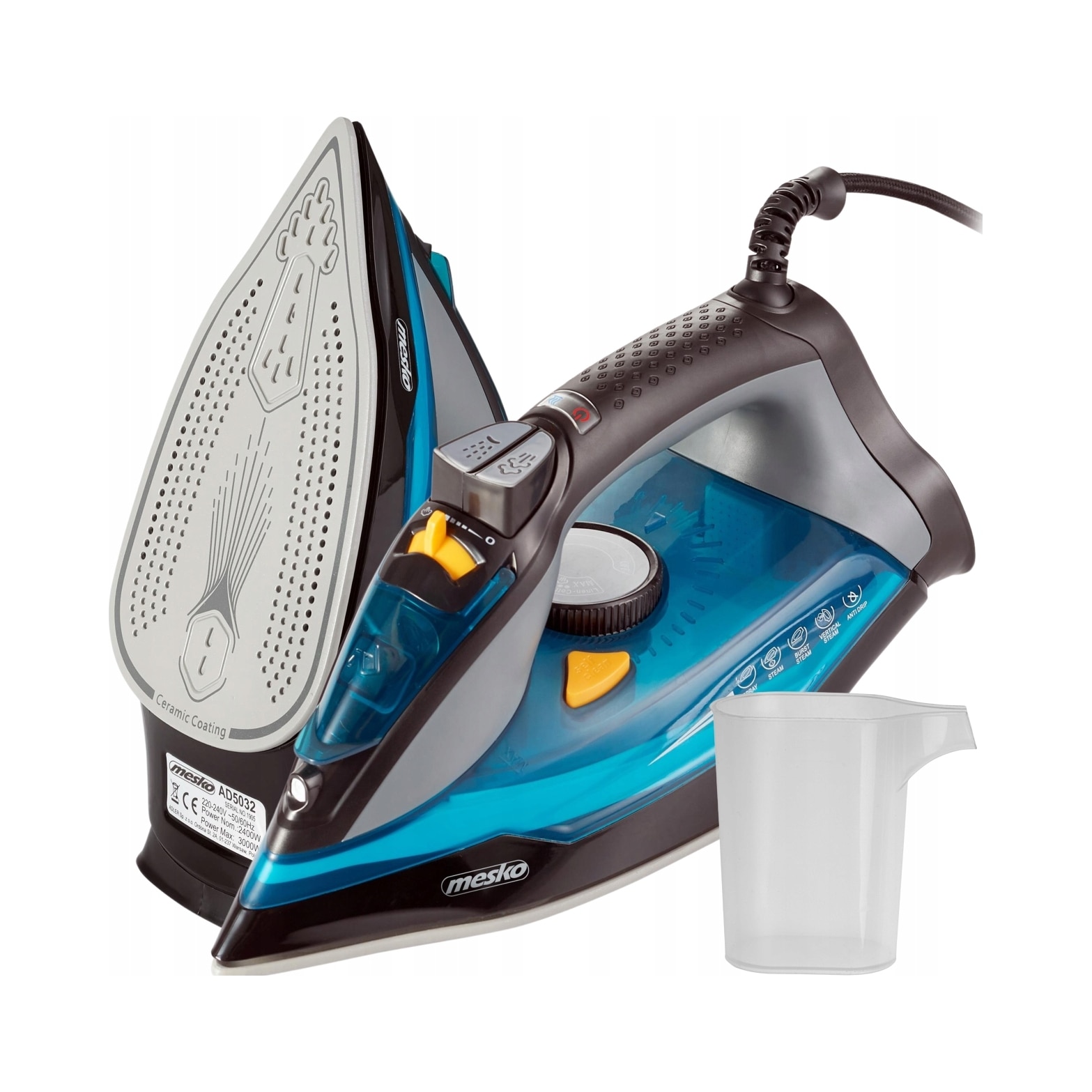 Fier de calcat cu abur Mesko Home MS 5041, 3000W, ceramic, 350ml, 28x12x14cm