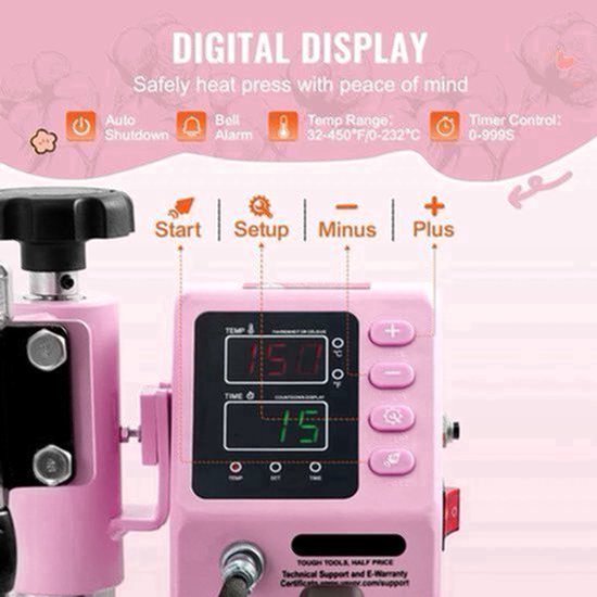 Presa termica Corenia QRE-2051060, design 360° swing-away, platou 30 x 25 cm (12x10 inch), afisaj digital, 32–232°C, temporizator 0–999 s, 700W/900W, roz