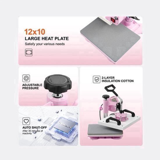 Presa termica Corenia QRE-2051060, design 360° swing-away, platou 30 x 25 cm (12x10 inch), afisaj digital, 32–232°C, temporizator 0–999 s, 700W/900W, roz