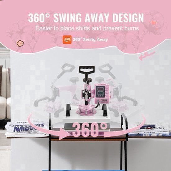 Presa termica Corenia QRE-2051060, design 360° swing-away, platou 30 x 25 cm (12x10 inch), afisaj digital, 32–232°C, temporizator 0–999 s, 700W/900W, roz