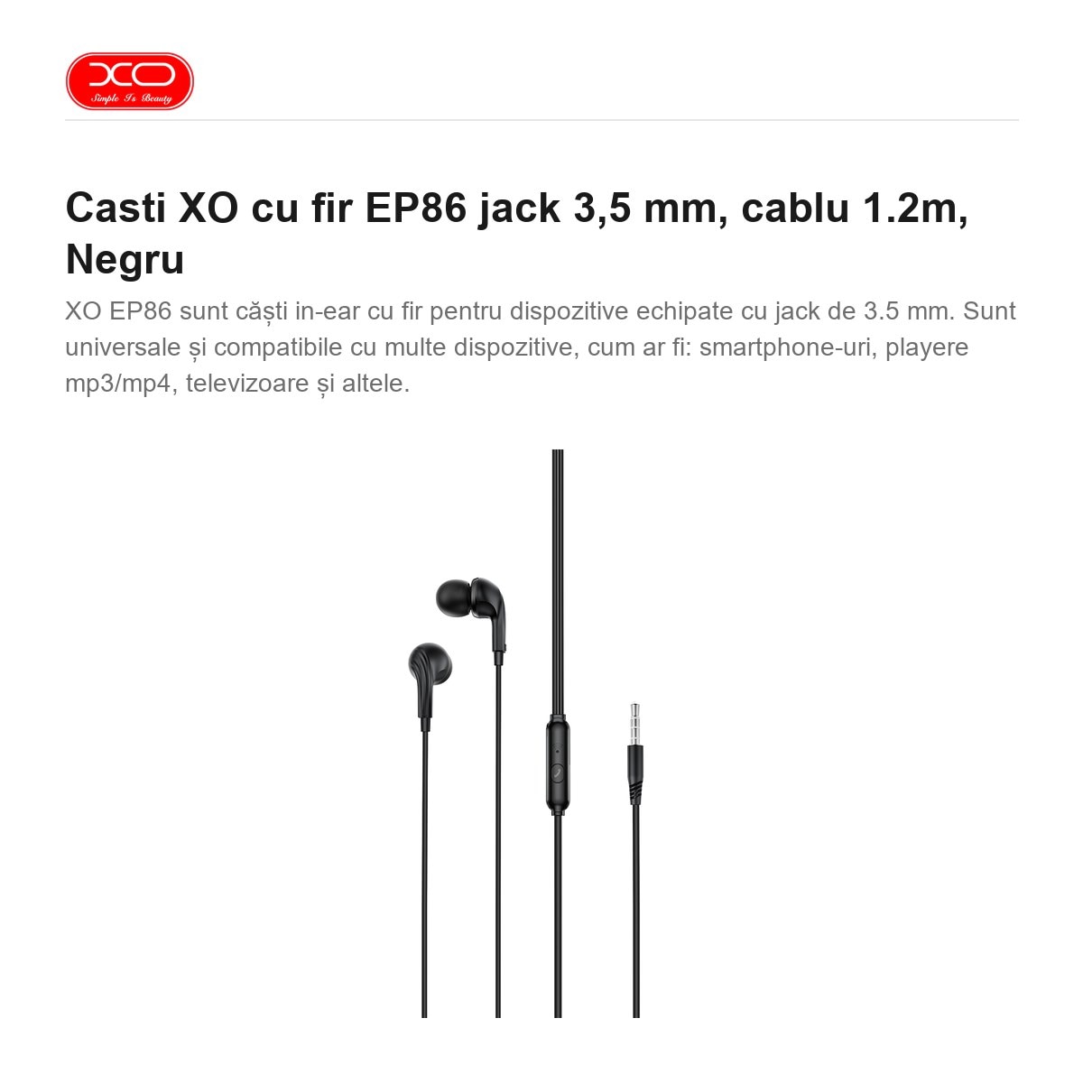 Casti XO cu fir EP86 jack 3, 5 mm, cablu 1.2m, Negru