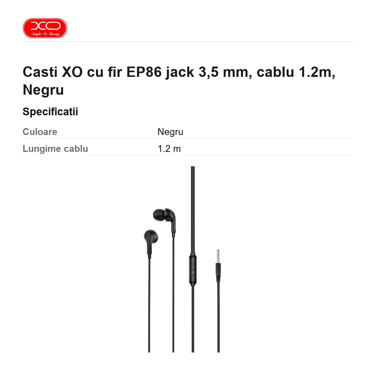 Casti XO cu fir EP86 jack 3, 5 mm, cablu 1.2m, Negru
