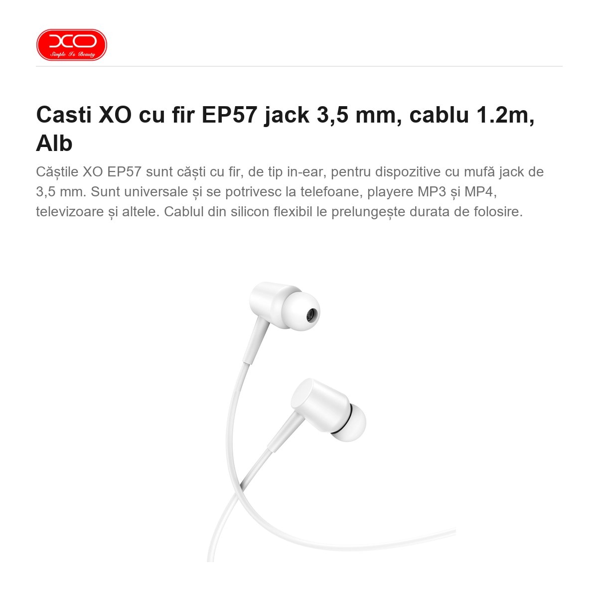 Casti XO cu fir EP57 jack 3, 5 mm, cablu 1.2m, Alb