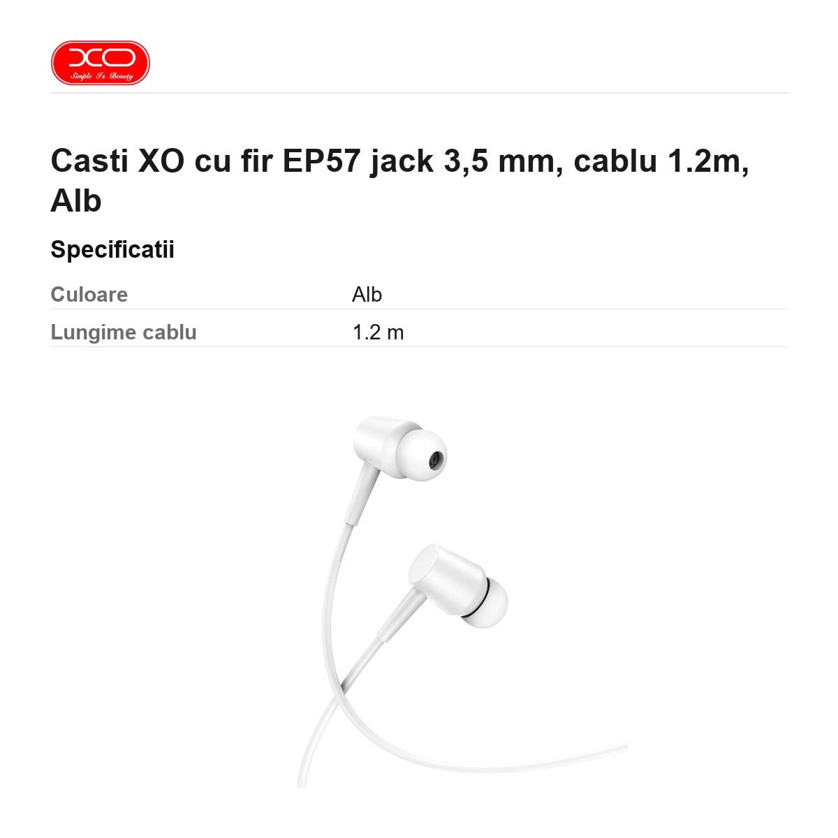 Casti XO cu fir EP57 jack 3, 5 mm, cablu 1.2m, Alb