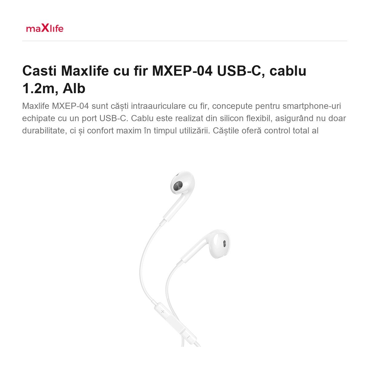 Casti Maxlife cu fir MXEP-04 USB-C, cablu 1.2m, Alb