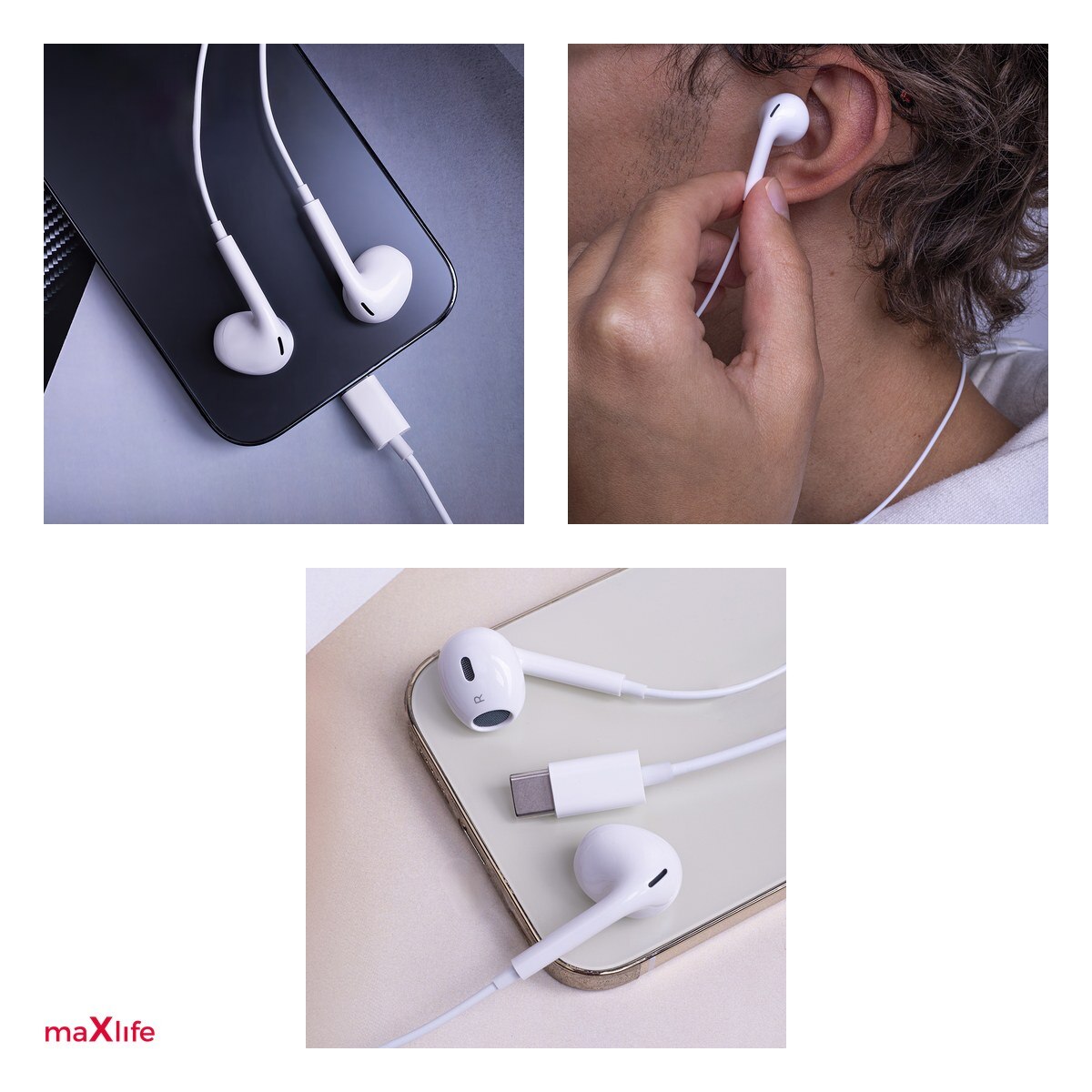 Casti Maxlife cu fir MXEP-04 USB-C, cablu 1.2m, Alb
