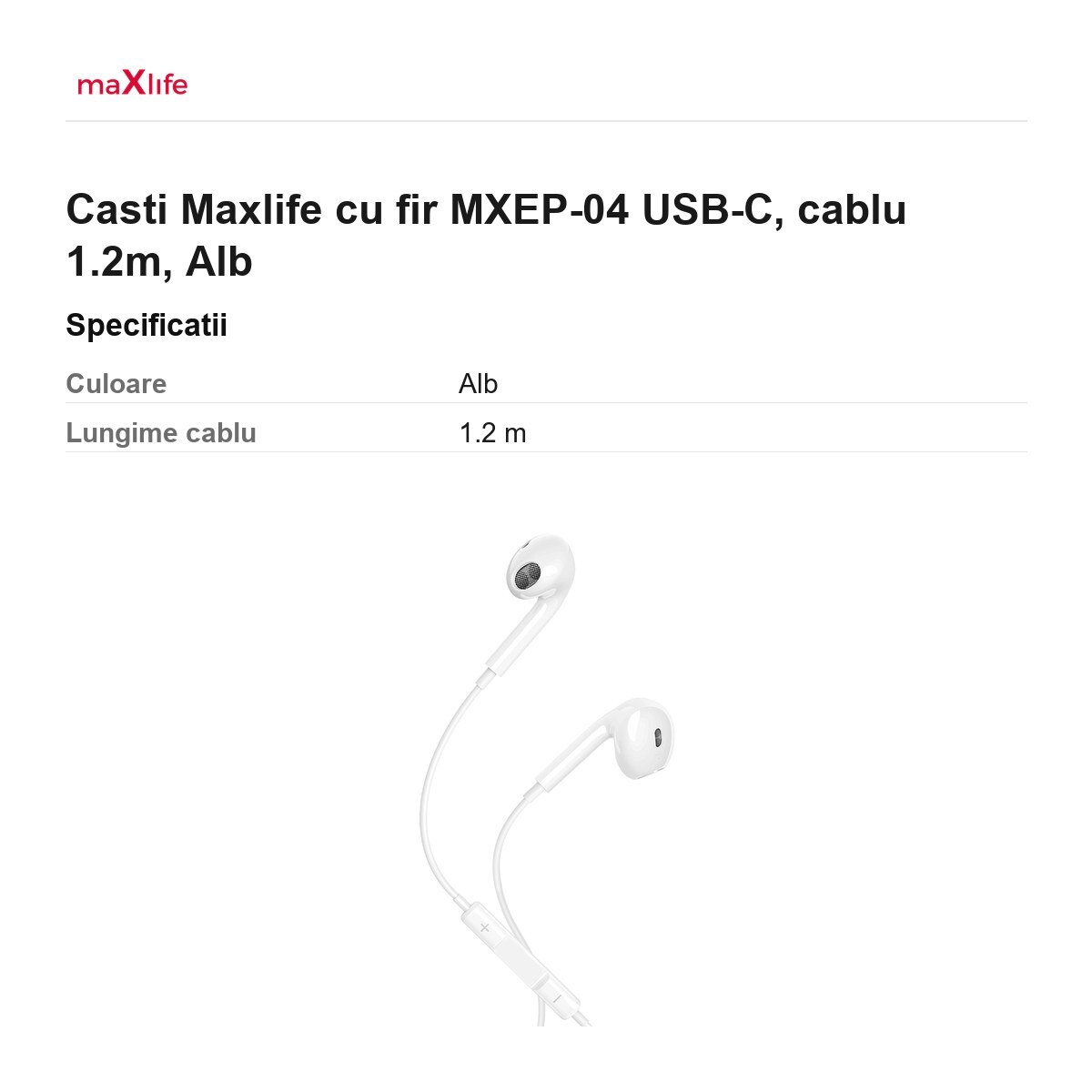 Casti Maxlife cu fir MXEP-04 USB-C, cablu 1.2m, Alb