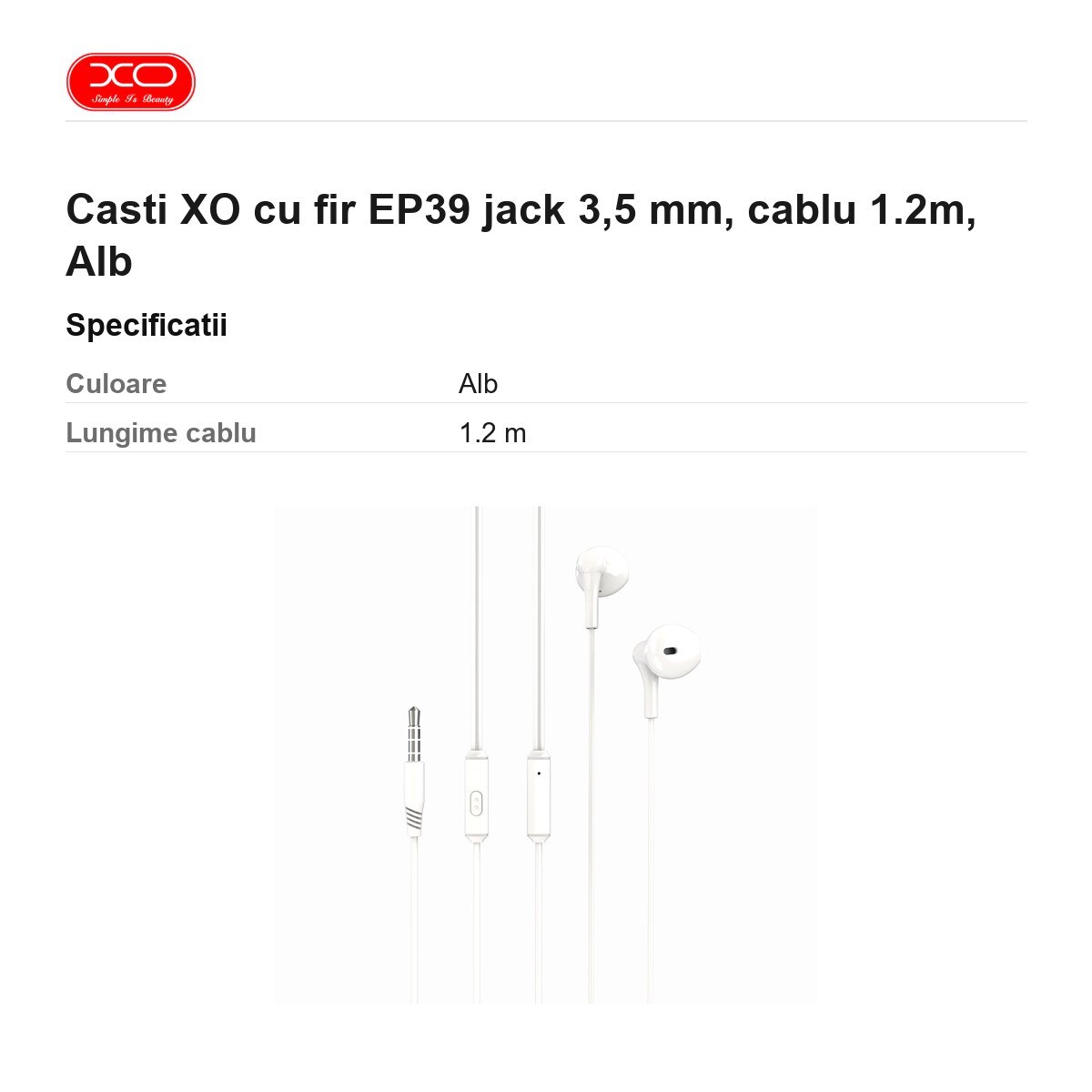 Casti XO cu fir EP39 jack 3, 5 mm, cablu 1.2m, Alb