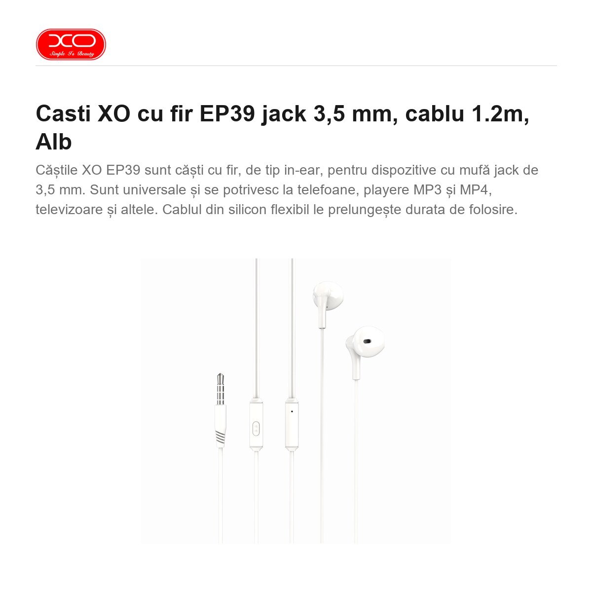 Casti XO cu fir EP39 jack 3, 5 mm, cablu 1.2m, Alb