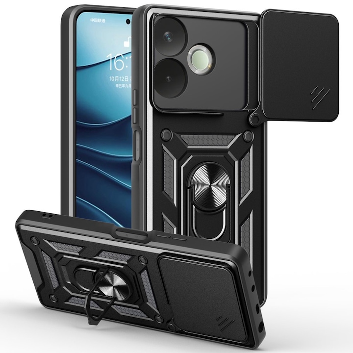Husa telefon Oppo A5 Pro 5G, XGSM, CamShield Slide, neagra, cu suport integrat si manere pentru deget