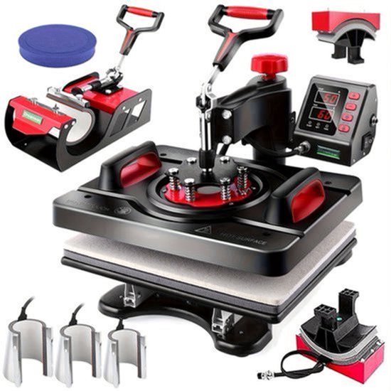 Presa termica 8-in-1 Corenia QRE-2075289, platou tricou 30x38 cm, brat rotativ 360°, temperatura digitala si timer, 800 W, pentru tricouri/sepci/cani/placi, negru/rosu