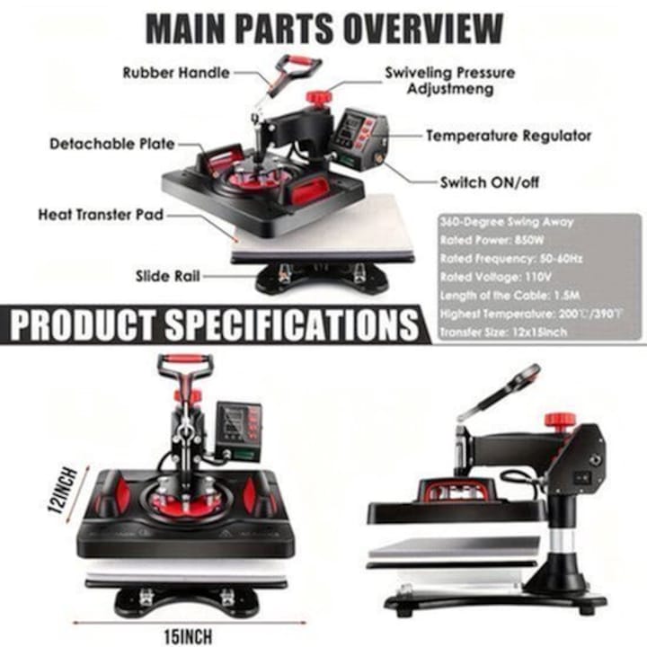 Presa termica 8-in-1 Corenia QRE-2075289, platou tricou 30x38 cm, brat rotativ 360°, temperatura digitala si timer, 800 W, pentru tricouri/sepci/cani/placi, negru/rosu