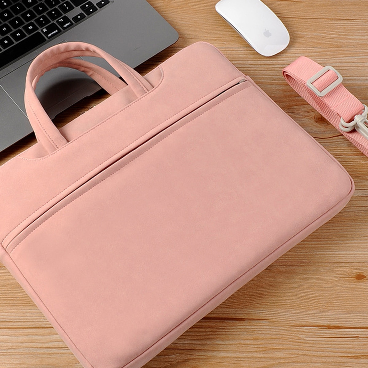 Geanta laptop HERUSI, piele PU, multifunctionala, verde-gri-roz-albastru, 33x24x3 cm