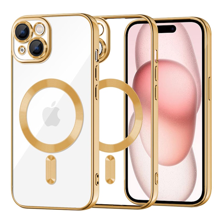 Husa Metallic MagSafe pentru Apple iPhone 15, Protectie completa, Design Trendy, Luxury Perfect Fit, Incarcare Magnetica, Auriu