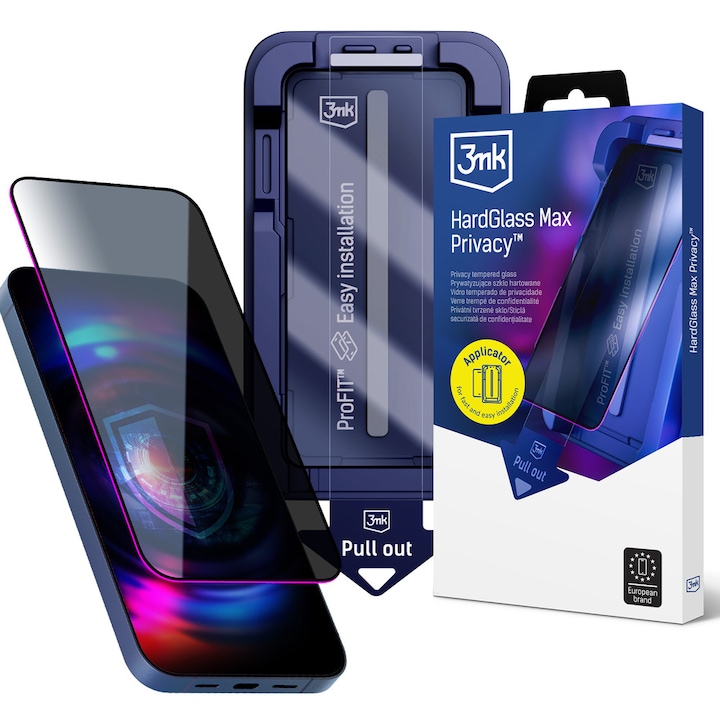Folie sticla 3mk HardGlass Max Privacy, Kit montare inclus, compatibila cu iPhone 14 Pro, Negru