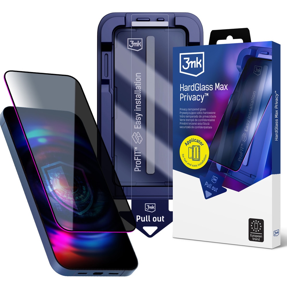 Folie sticla 3mk HardGlass Max Privacy, Kit montare inclus, compatibila cu iPhone 14 Pro, Negru