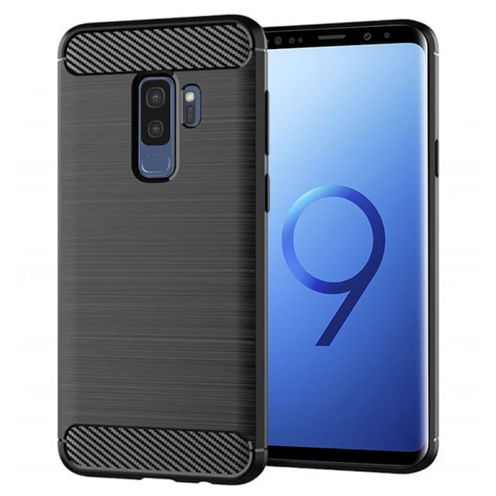 Husa pentru Samsung Galaxy S9 Plus, SKYDDAR INNOVATION, Carbon Silicone, din Silicon Slim, cu textura Fibra Carbon, set cu sticker, Negru