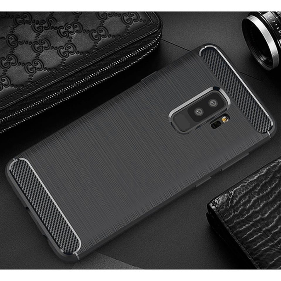 Husa pentru Samsung Galaxy S9 Plus, SKYDDAR INNOVATION, Carbon Silicone, din Silicon Slim, cu textura Fibra Carbon, set cu sticker, Negru