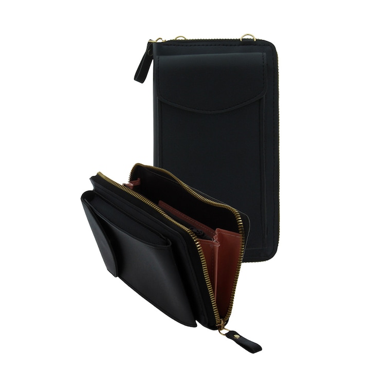 Husa de Telefon Universala 2in1 pentru Nokia, OPTIM SOLUTION, Portofel pentru Card, Bani, Documente, Eleganta, Geanta Telefon, Stylish, Diverse Ocazii, Tinute, Piele Ecologica Premium, Design Modern, Buzunar cu Fermoar, Curea Reglabila, Negru