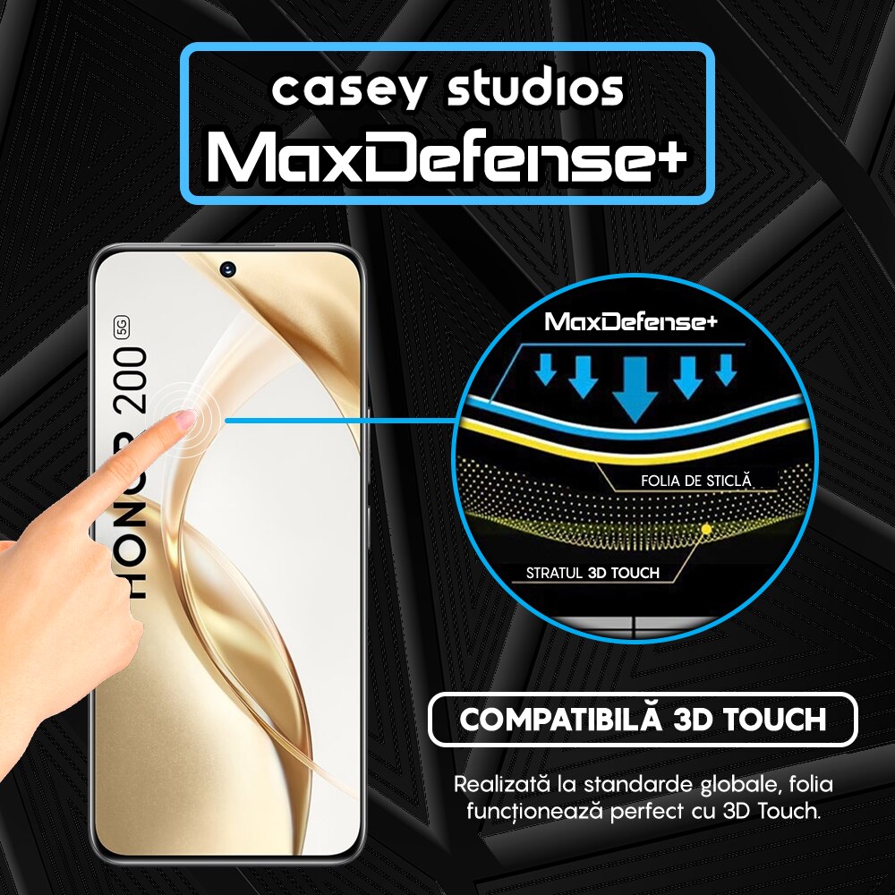 Folie Sticla CASEY STUDIOS™ compatibila cu Honor 200, Ultra HD, Anti Zgarieturi, Anti Amprente, Anti Socuri, Margini Negre, Full Cover 3D, Duritate Militara