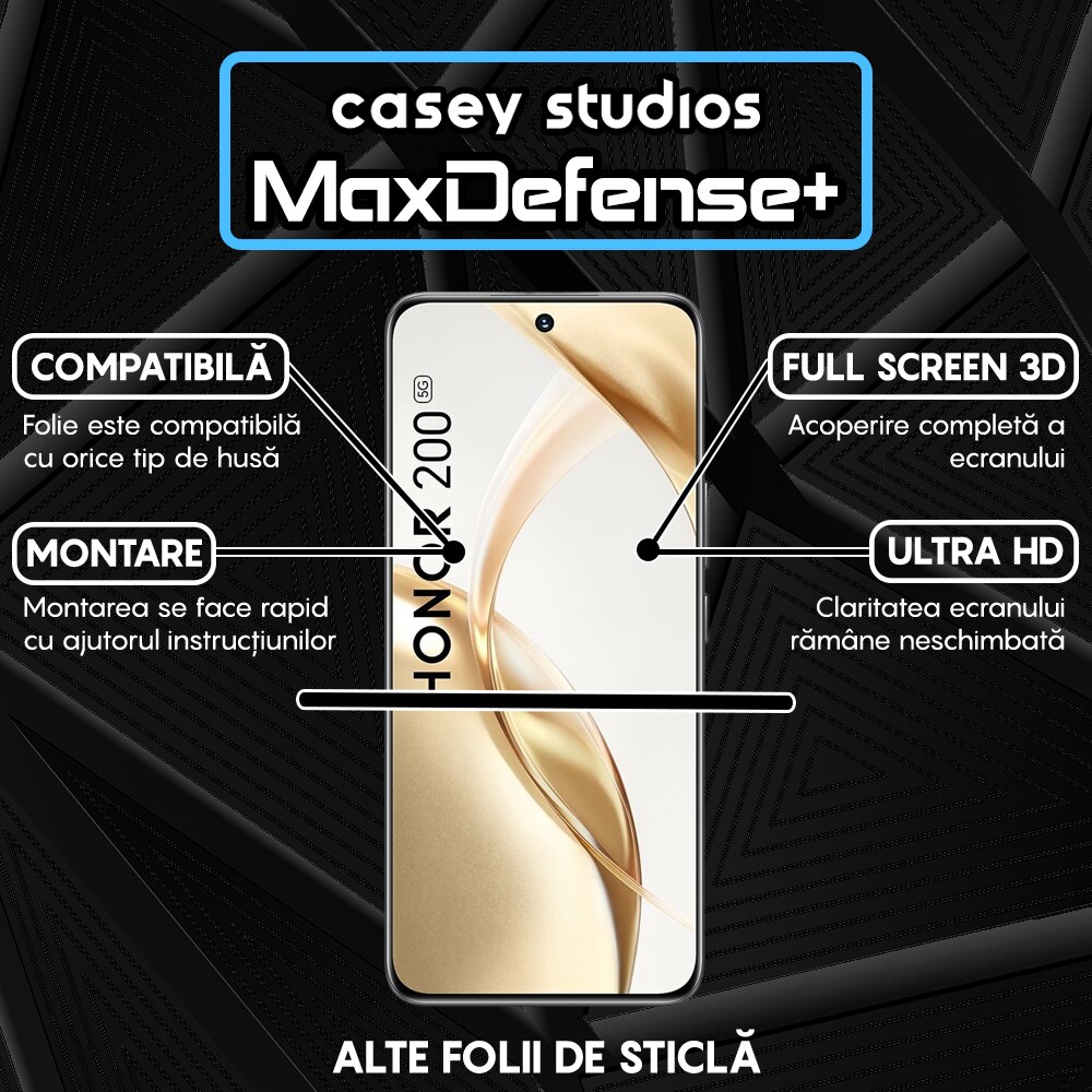 Folie Sticla CASEY STUDIOS™ compatibila cu Honor 200, Ultra HD, Anti Zgarieturi, Anti Amprente, Anti Socuri, Margini Negre, Full Cover 3D, Duritate Militara