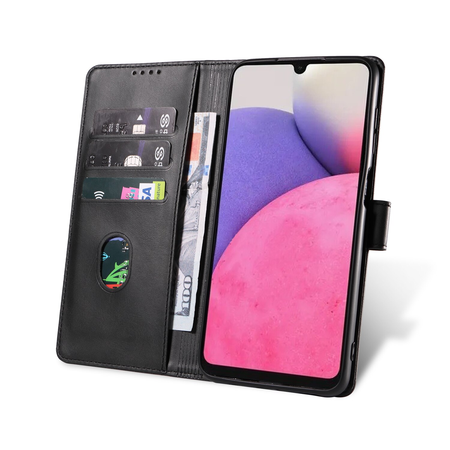 Husa din piele pentru Samsung Galaxy A52s, inchidere magnetica, suport card, suport, neagra