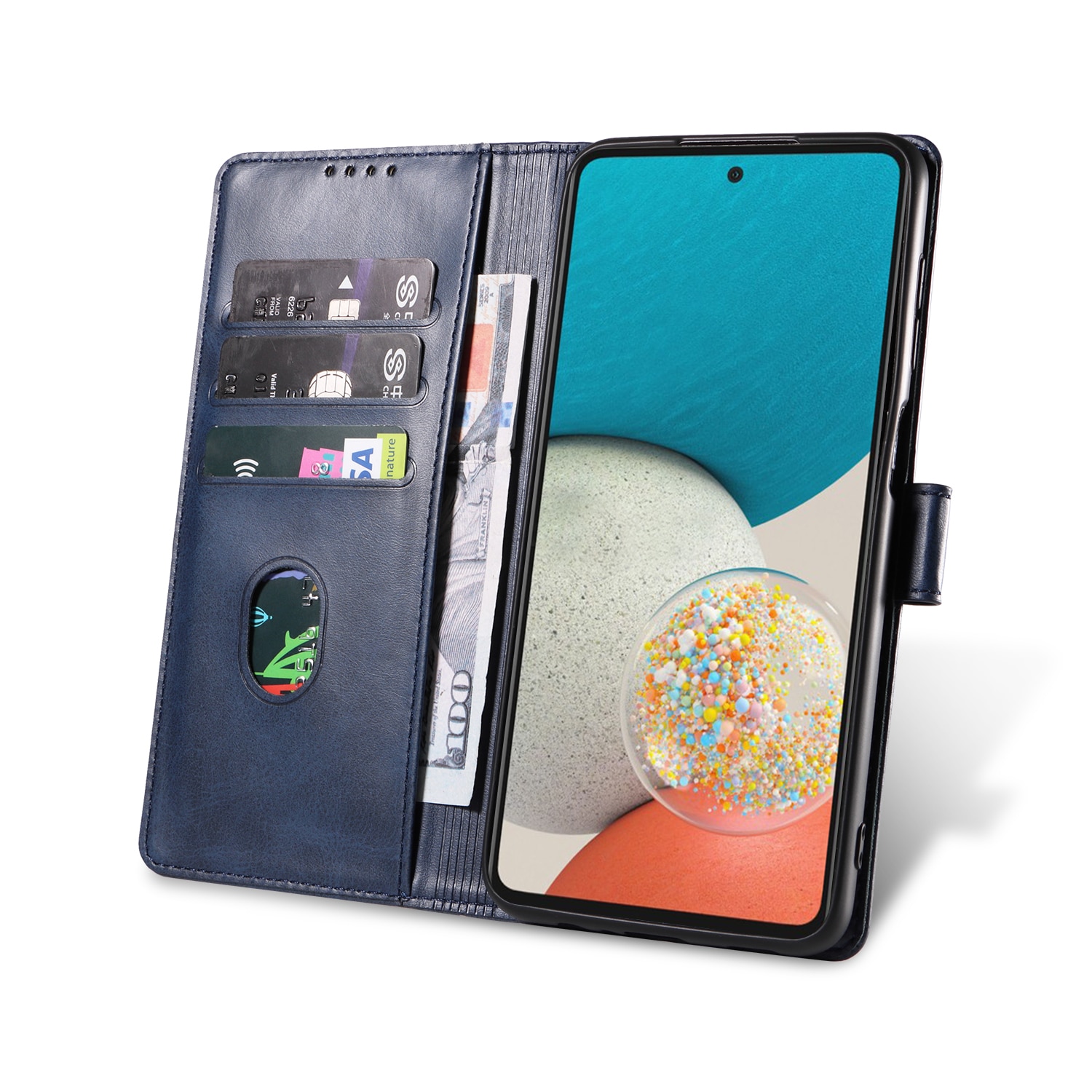 Husa din piele pentru Samsung Galaxy A73 5G, inchidere magnetica, suport card, suport, albastra
