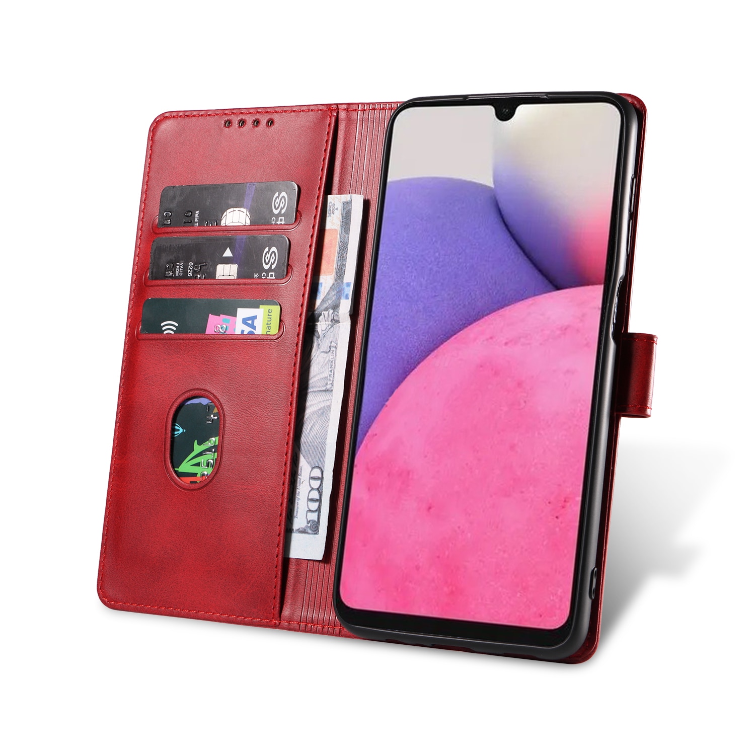 Husa din piele pentru Samsung Galaxy A23 4G, inchidere magnetica, suport card, suport, rosie vin