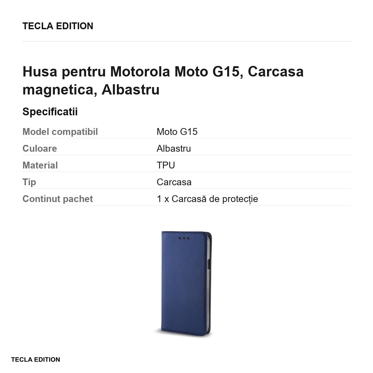 Husa Smart Magnet pentru Motorola Moto G15, tip carte cu inchidere magnetica, Albastru