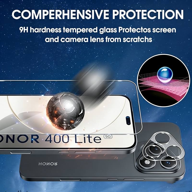 Set 4 folii protectie ecran si lentila camera compatibile cu Honor 400 Lite, sticla securizata, transparent, 0.33mm, 9H