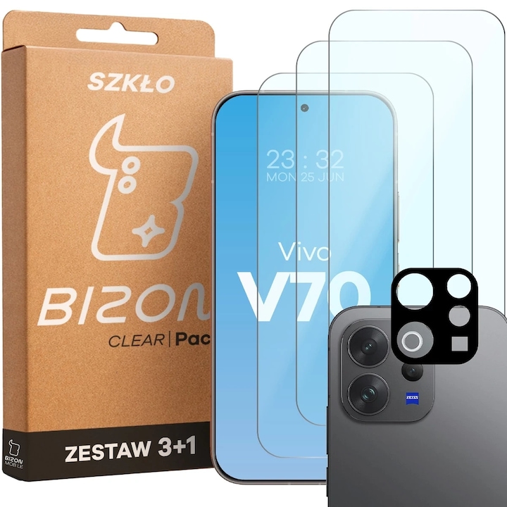 Set protectie 4in1 Bizon Glass Clear Pack, 3 folii sticla ecran + 1 folie sticla camera foto, compatibil cu Vivo V70 5G, Transparent