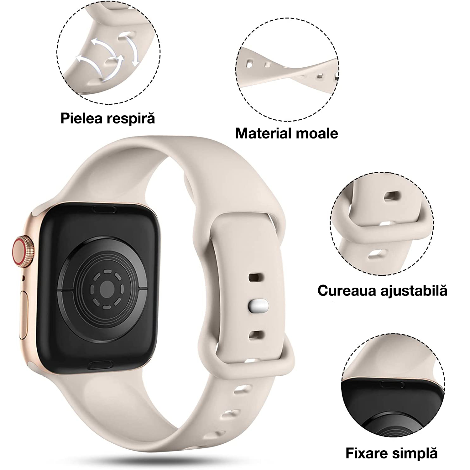 Curea silicon Hoco compatibila cu Apple Watch 1/2/3/4/5/6/SE/7/8, 42/44/45/49mm, Bej