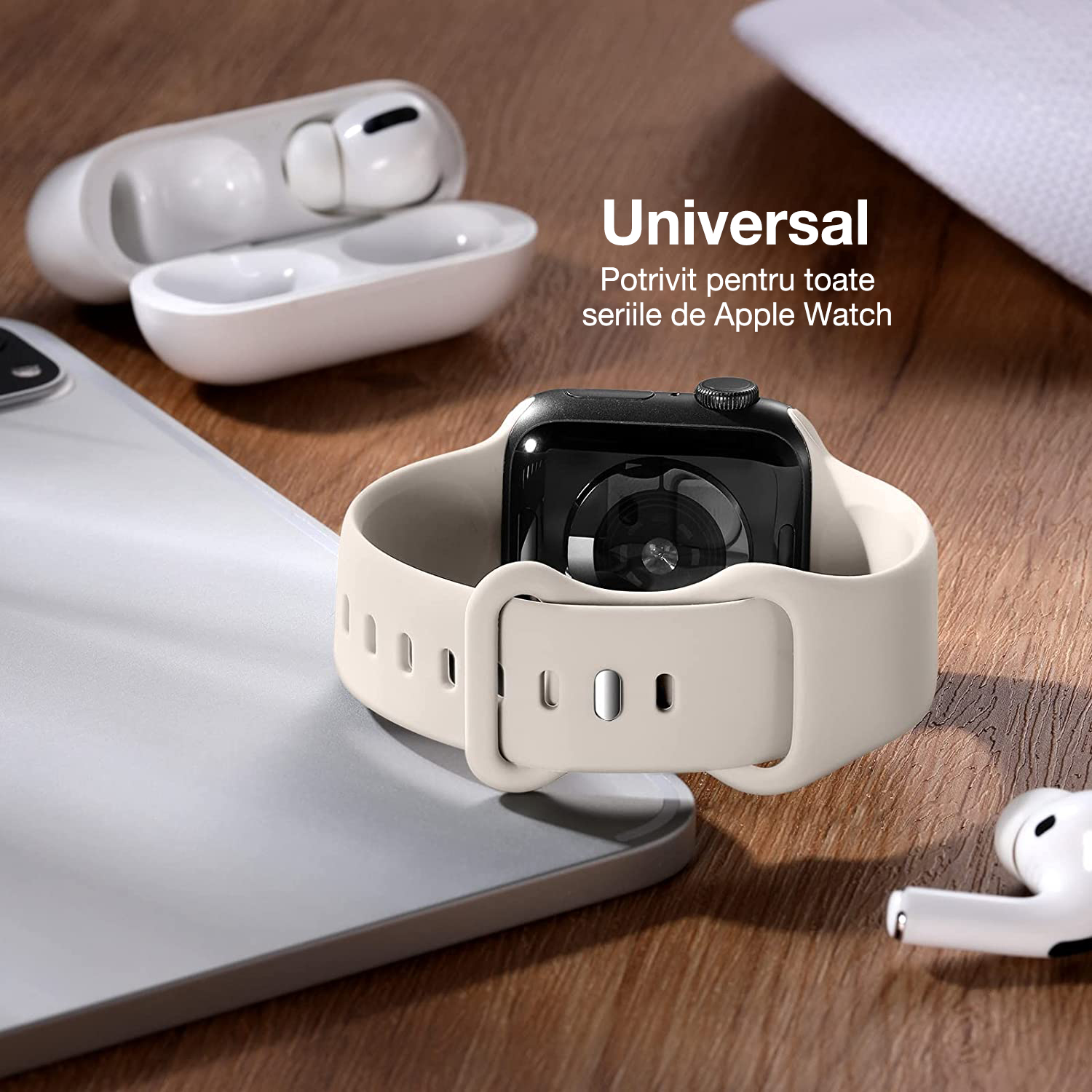 Curea silicon Hoco compatibila cu Apple Watch 1/2/3/4/5/6/SE/7/8, 42/44/45/49mm, Bej
