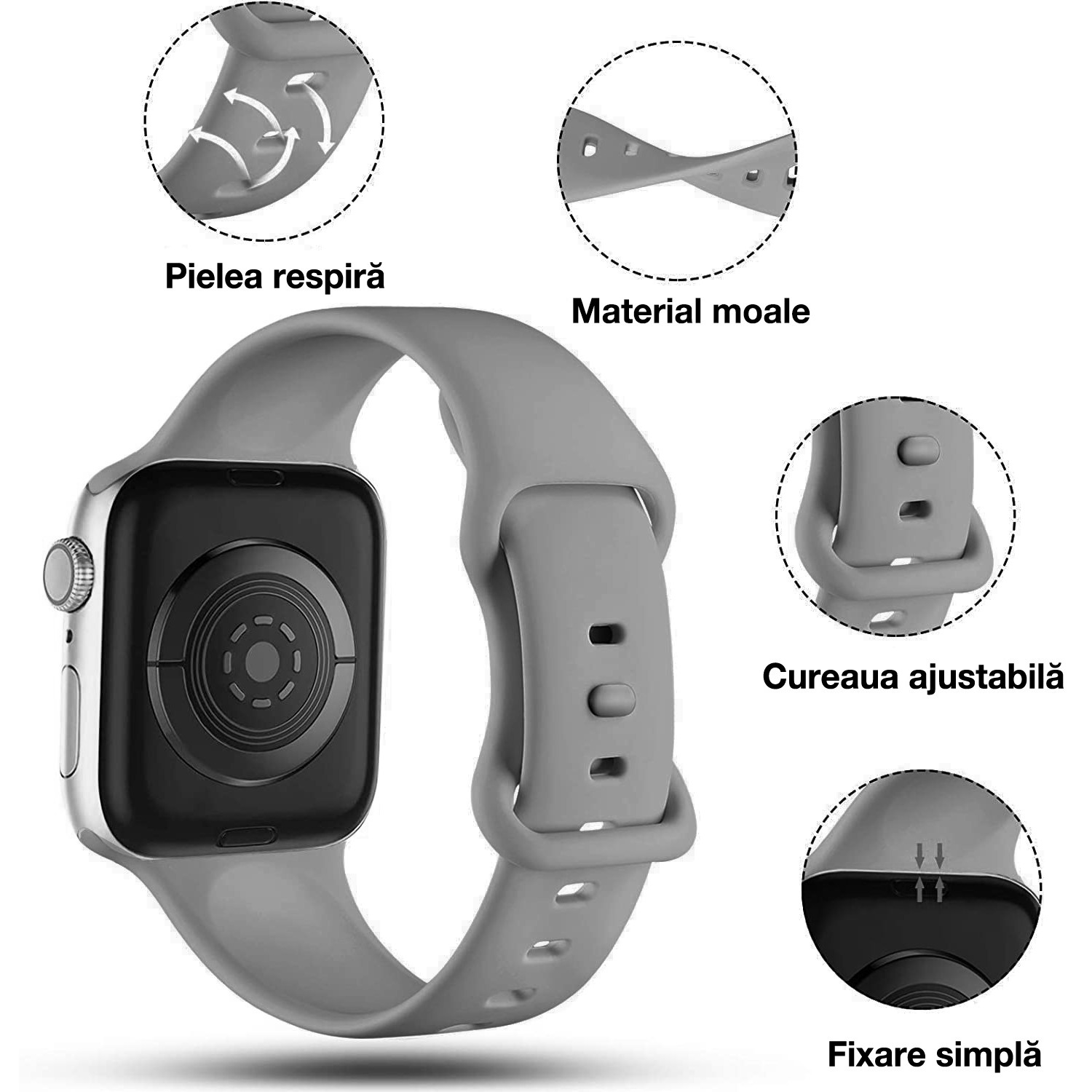 Curea silicon Hoco compatibila cu Apple Watch 1/2/3/4/5/6/SE/7/8, 42/44/45/49mm, Gri
