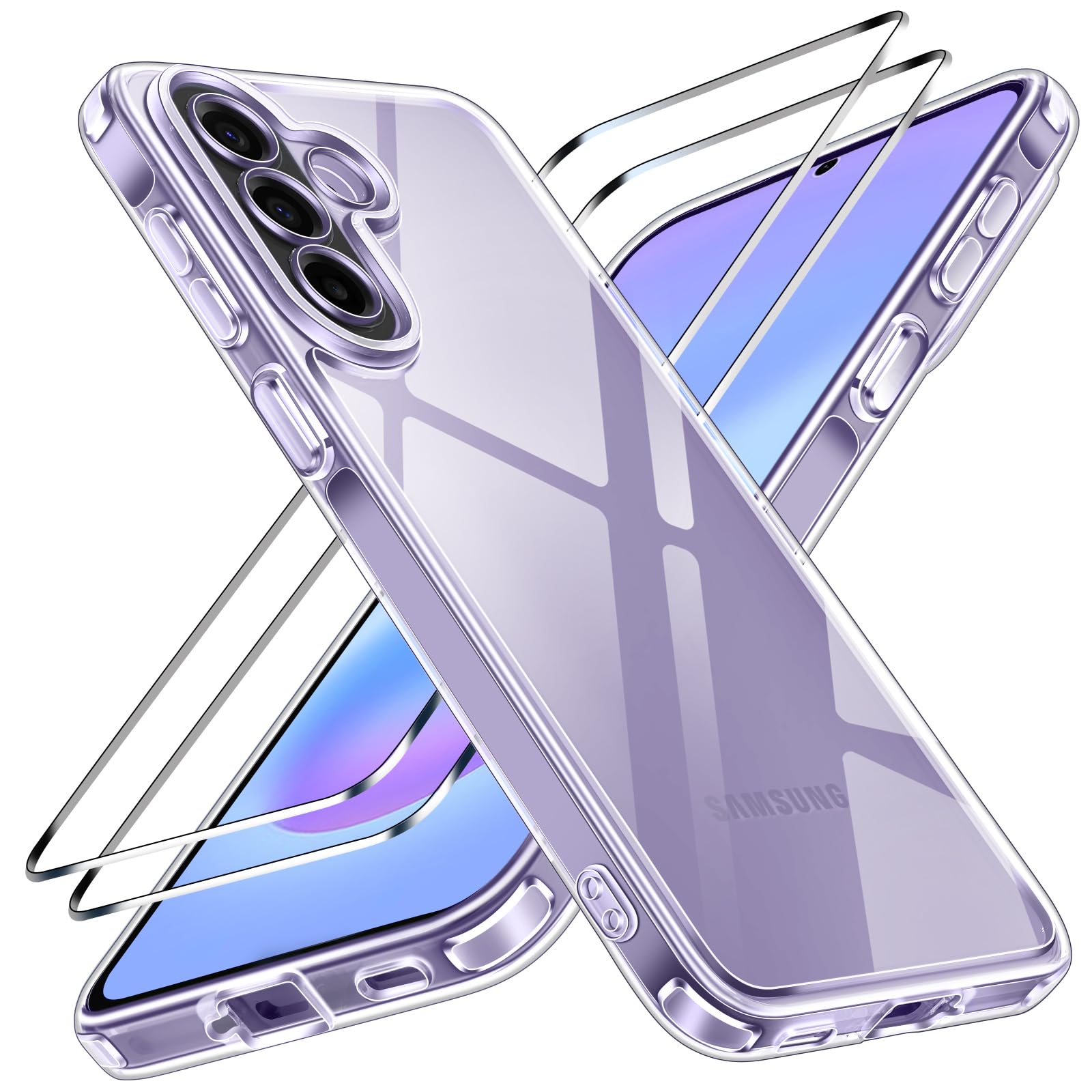 Husa Compatibila cu Samsung Galaxy A57 5G cu 2 folii de Protectie din Sticla Temperata, MOGU Set Protectie 360, Husa Moale din TPU, Anti-Soc, Anti-Ingalbenire, Protectie La Camere, Acoperire Completa, Transparenta