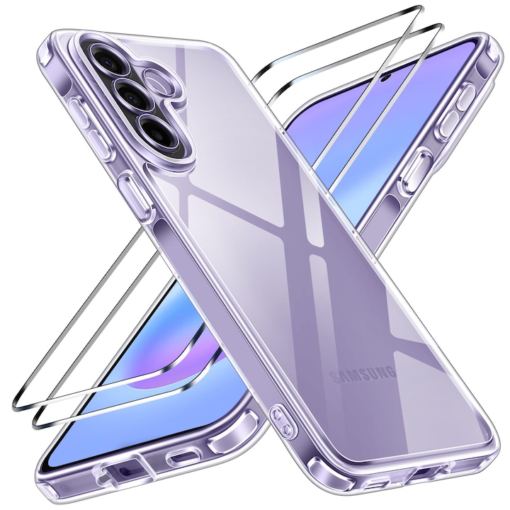 Husa Compatibila cu Samsung Galaxy A57 5G cu 2 folii de Protectie din Sticla Temperata, MOGU Set Protectie 360, Husa Moale din TPU, Anti-Soc, Anti-Ingalbenire, Protectie La Camere, Acoperire Completa, Transparenta