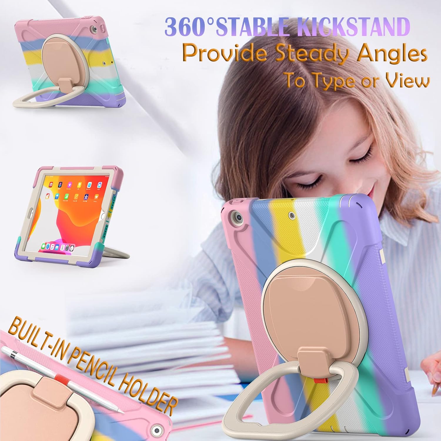 Pentru iPad 10.2 Husa a 9-a generatie 2021 / a 8-a generatie 2020 / a 7-a generatie 2019, husa rezistenta la socuri pentru copii cu protector de ecran, suport rotativ/suport pentru creion/curea de transport pentru iPad 10,2 inchi