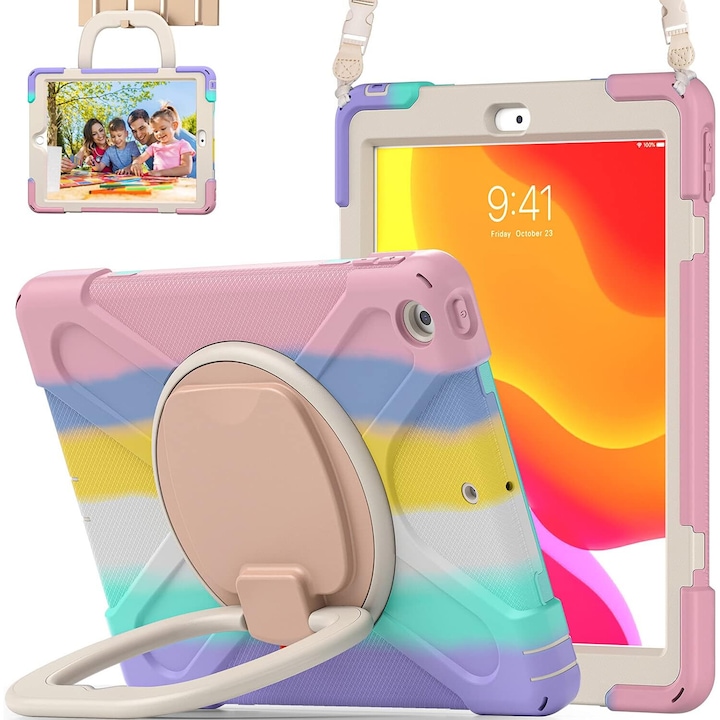 Pentru iPad 10.2 Husa a 9-a generatie 2021 / a 8-a generatie 2020 / a 7-a generatie 2019, husa rezistenta la socuri pentru copii cu protector de ecran, suport rotativ/suport pentru creion/curea de transport pentru iPad 10,2 inchi
