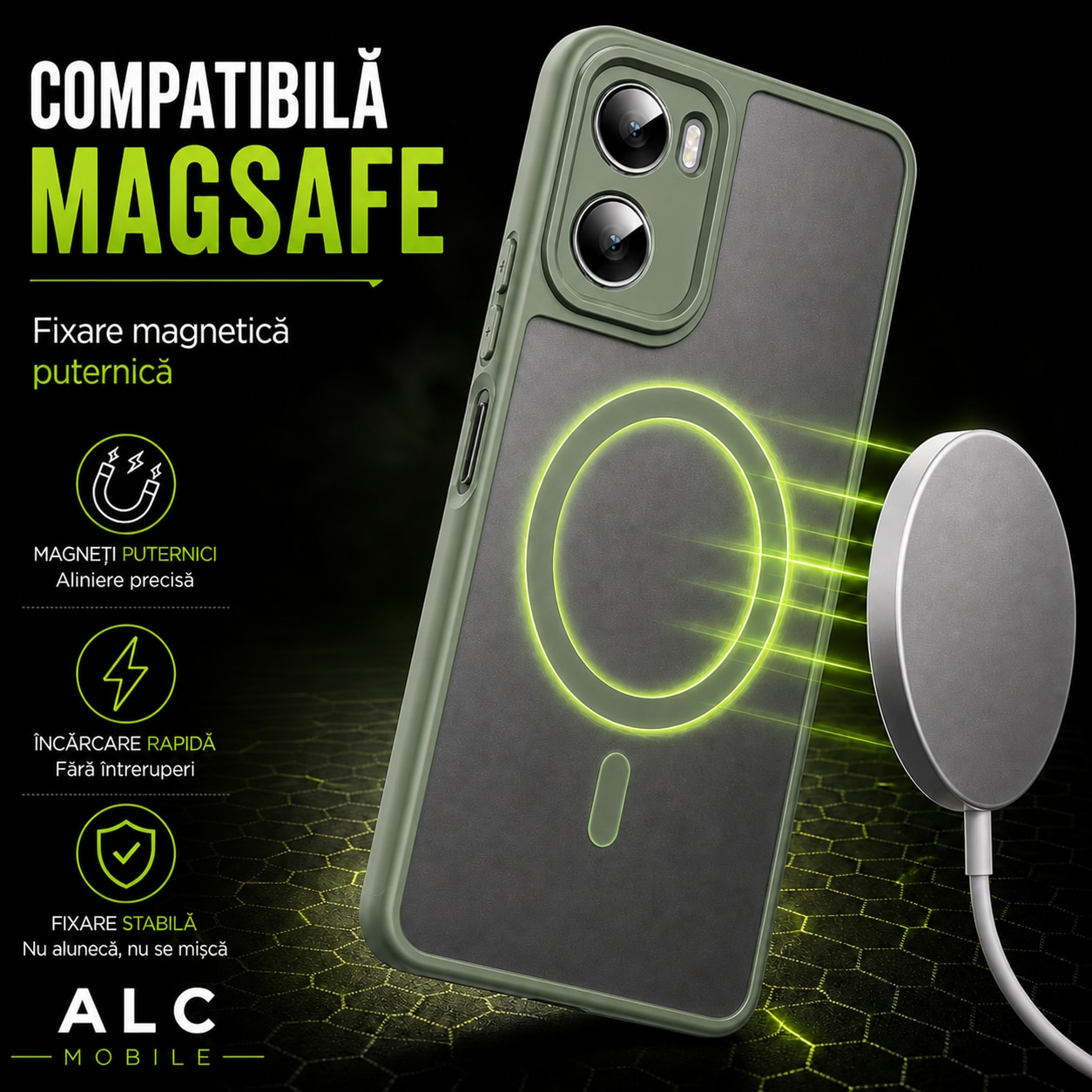 Husa pentru Motorola G06, Matte MagSafe, Protectie 360, Anti-Soc, Protectie Camera, Verde