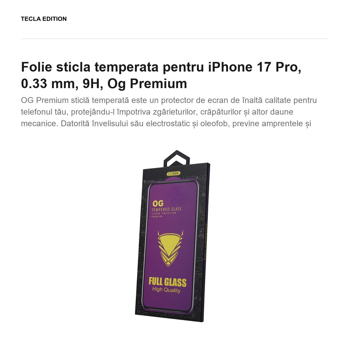 Folie sticla temperata pentru iPhone 17 Pro, 0.33 mm, 9H, Og Premium