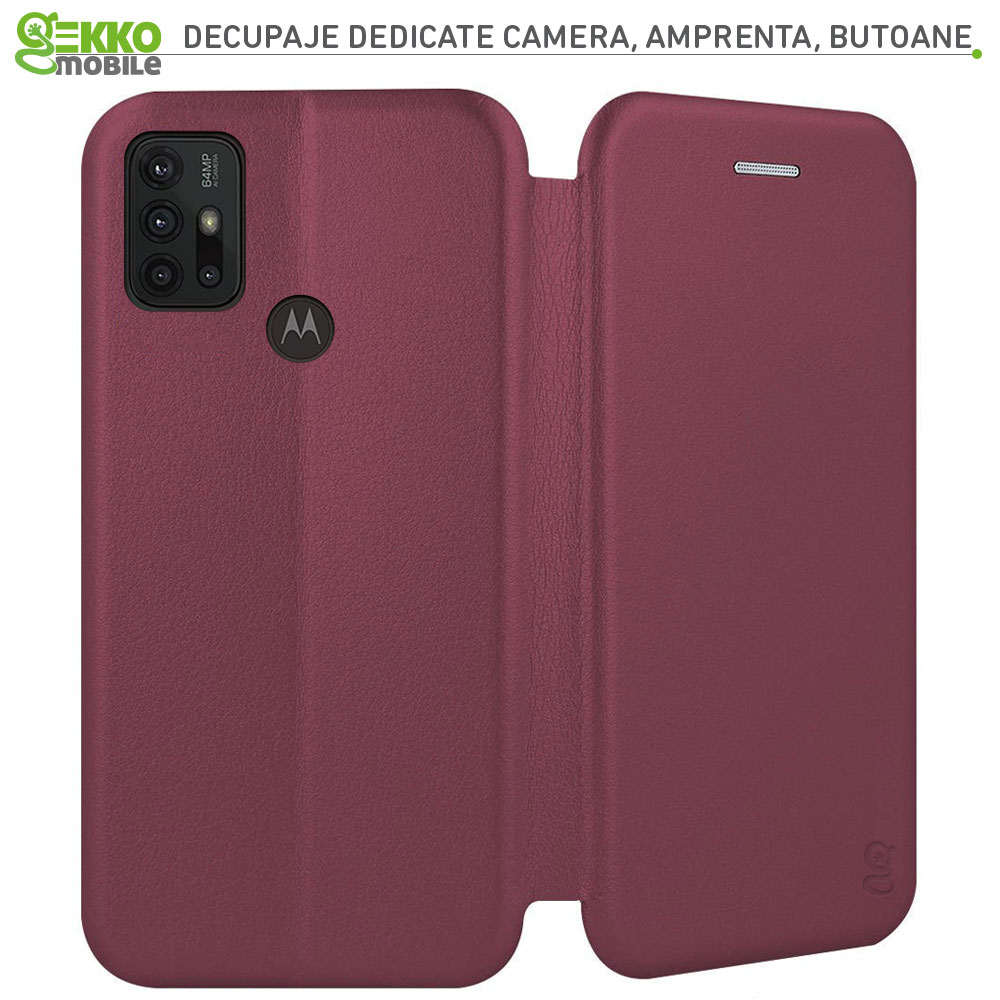 Husa pentru Motorola Moto G10 / Moto G20 / Moto G30, tip carte, inchidere Magnetica, buzunar Card, Functie Stand, Piele-Eco cu interior Microfibra, Open 360°, Bordo