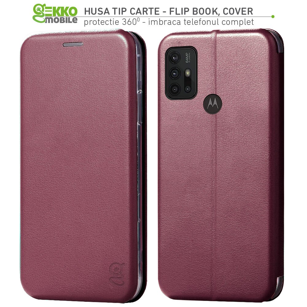 Husa pentru Motorola Moto G10 / Moto G20 / Moto G30, tip carte, inchidere Magnetica, buzunar Card, Functie Stand, Piele-Eco cu interior Microfibra, Open 360°, Bordo