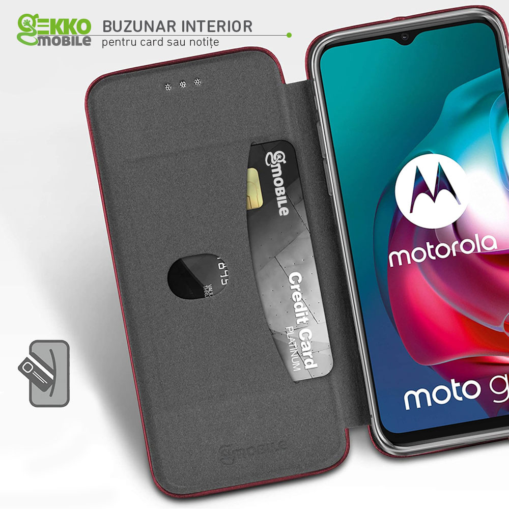Husa pentru Motorola Moto G10 / Moto G20 / Moto G30, tip carte, inchidere Magnetica, buzunar Card, Functie Stand, Piele-Eco cu interior Microfibra, Open 360°, Bordo