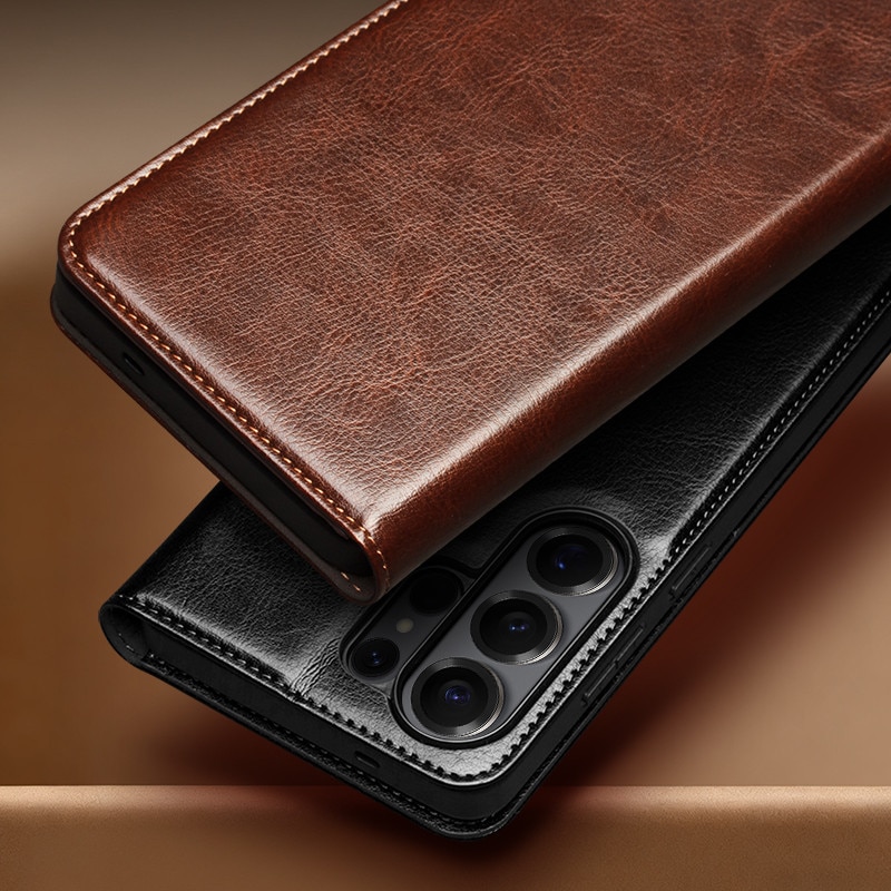 Husa pentru Samsung Galaxy S26 Ultra – piele naturala fina, tip carte, sloturi carduri si bani, functie stand, Qialino Classic Wallet, Maro - Espresso Brown