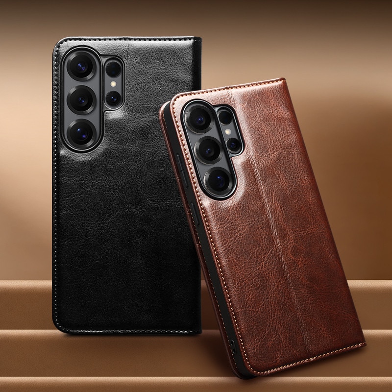 Husa pentru Samsung Galaxy S26 Ultra – piele naturala fina, tip carte, sloturi carduri si bani, functie stand, Qialino Classic Wallet, Maro - Espresso Brown