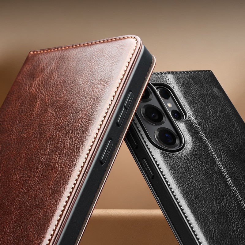 Husa pentru Samsung Galaxy S26 Ultra – piele naturala fina, tip carte, sloturi carduri si bani, functie stand, Qialino Classic Wallet, Maro - Espresso Brown